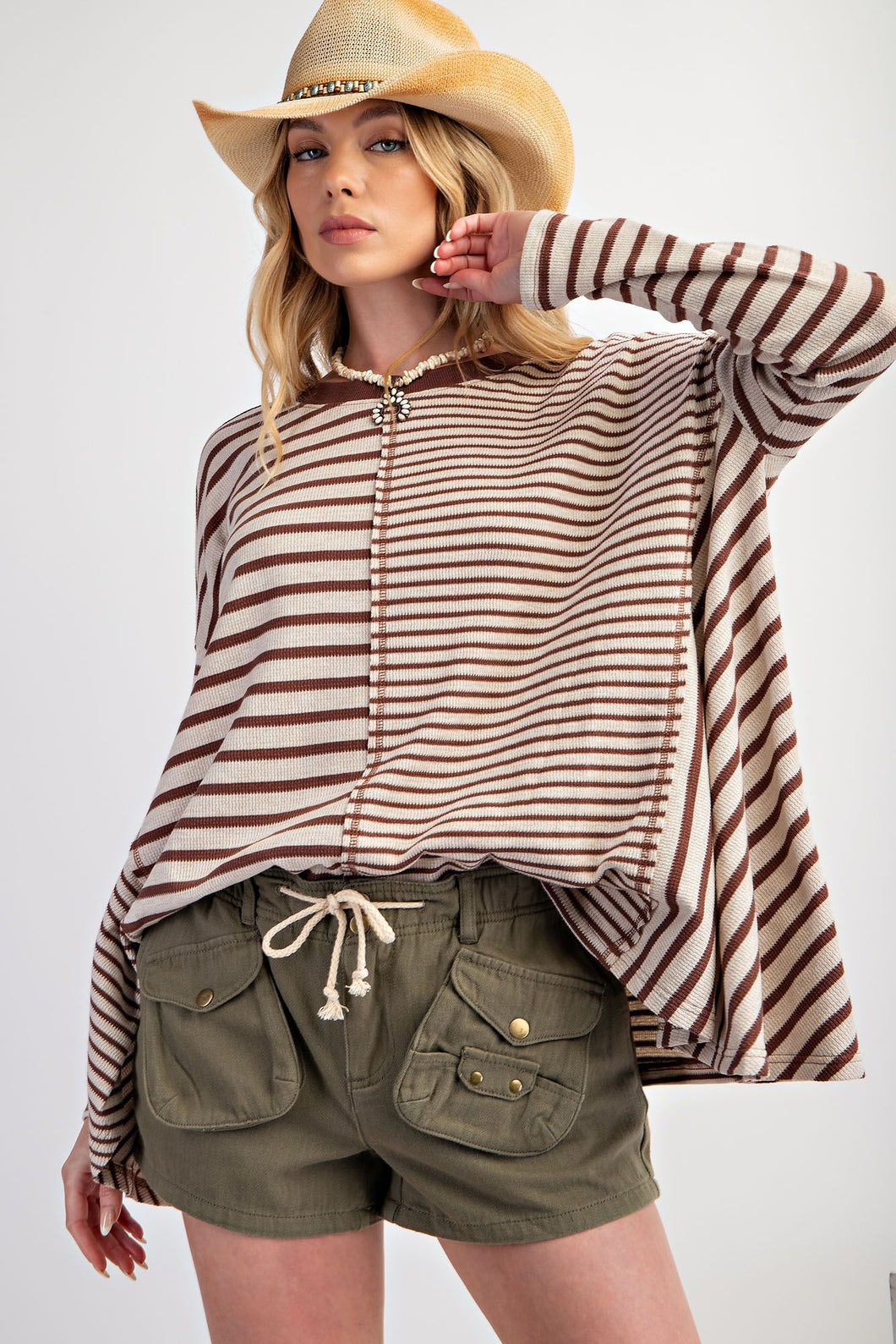 Mocha Stripe Mix Knit Top