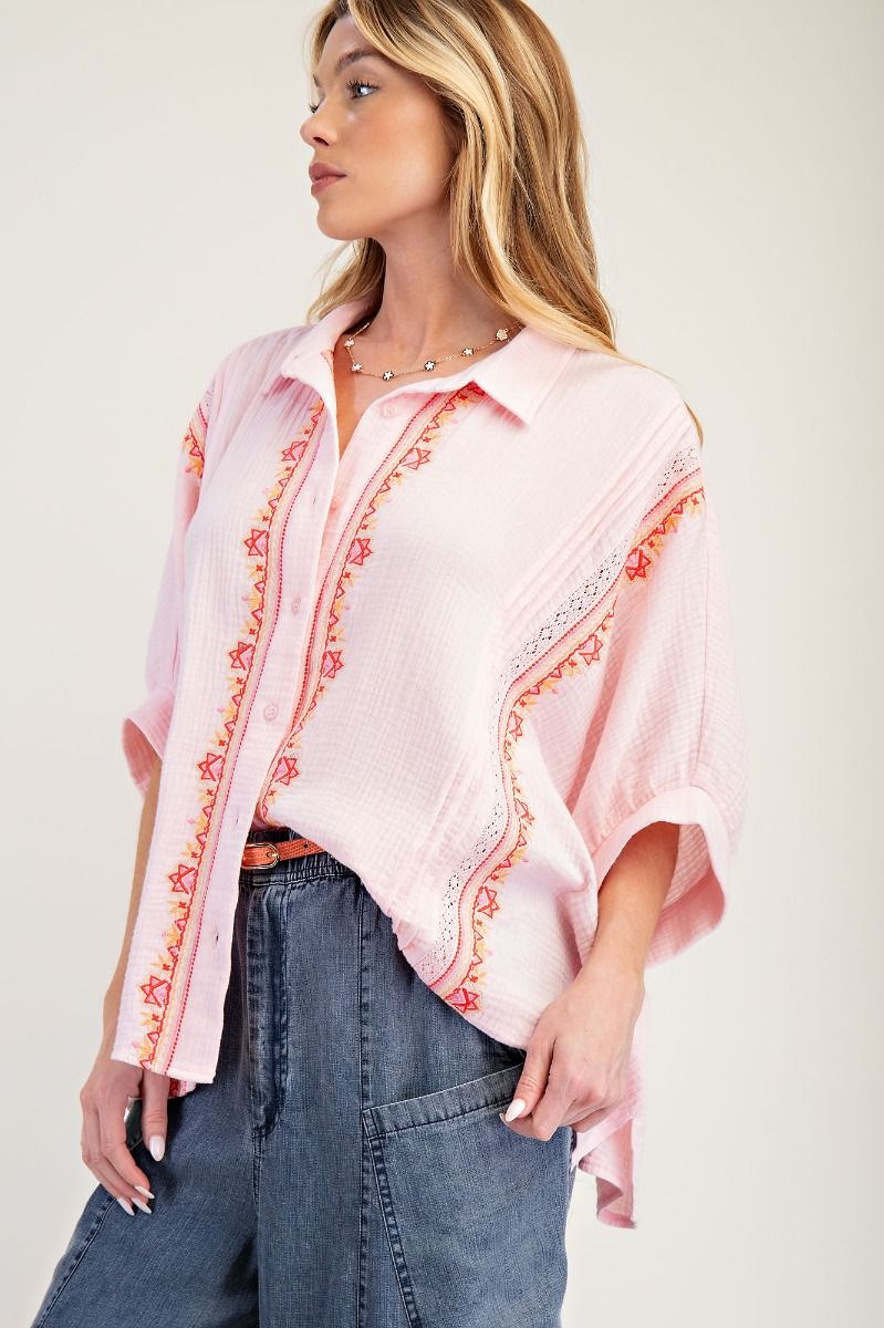 Pink Embroidered Detail Gauze Top