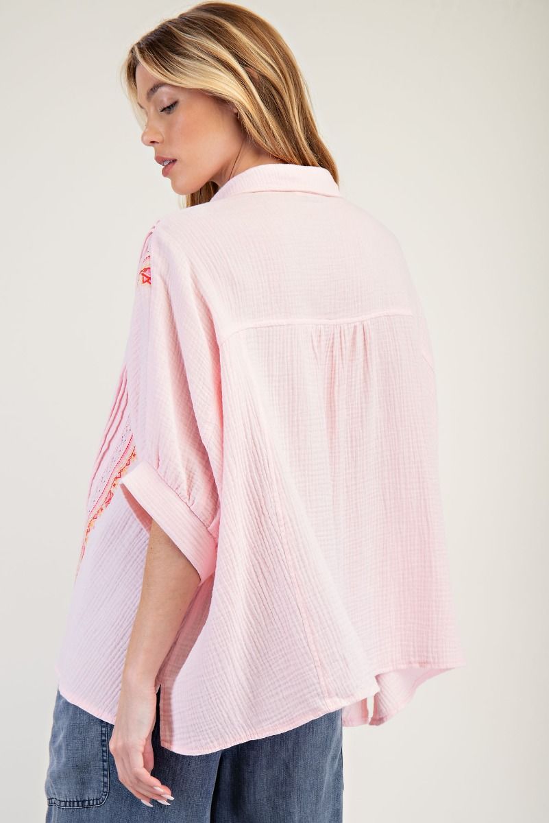Pink Embroidered Detail Gauze Top