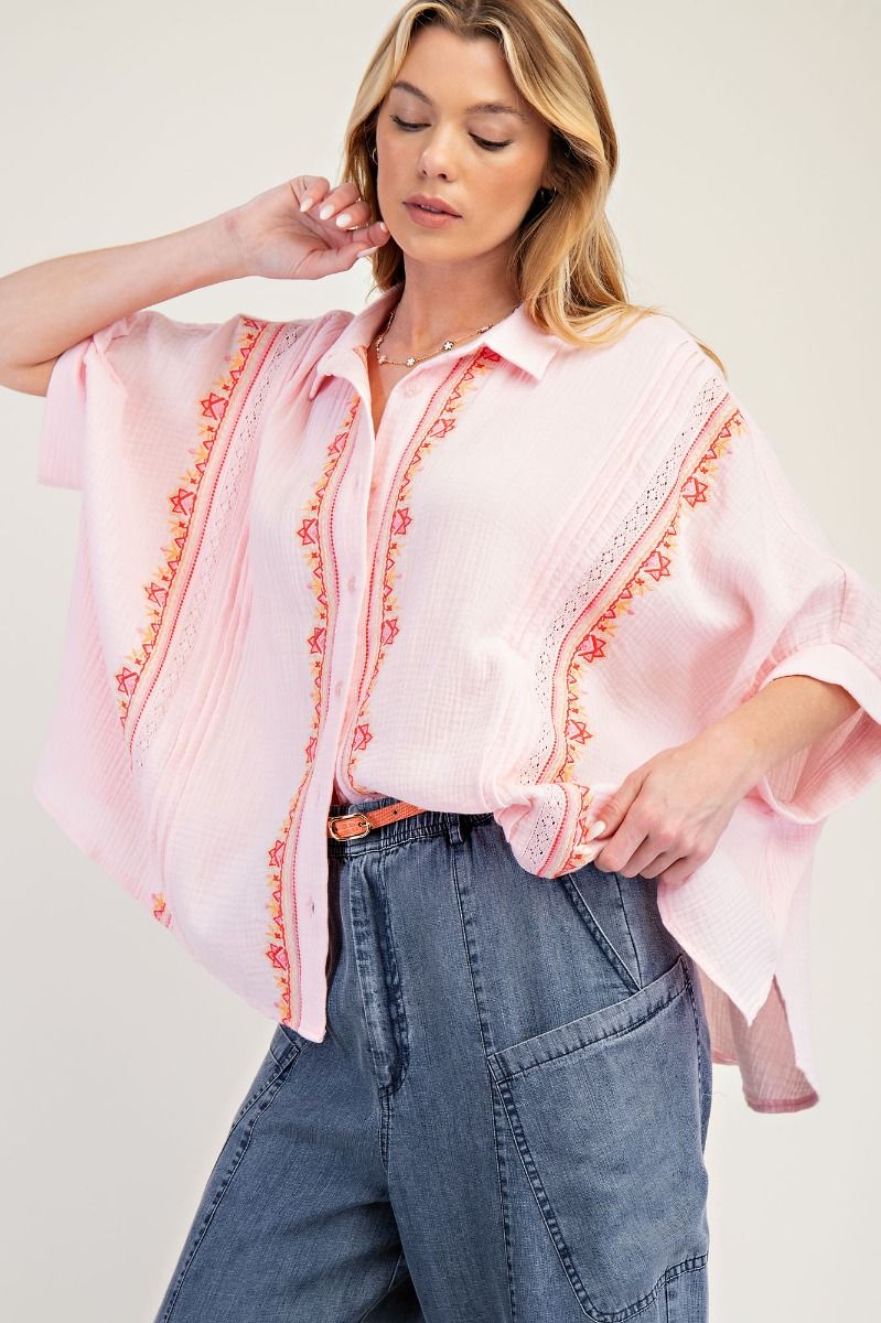 Pink Embroidered Detail Gauze Top