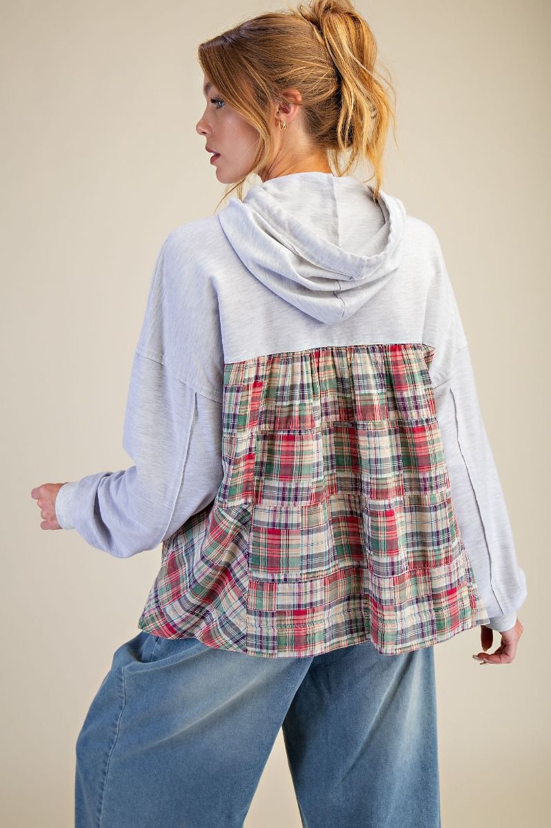 Plaid Mix Washed Terry Pullover Hoodie