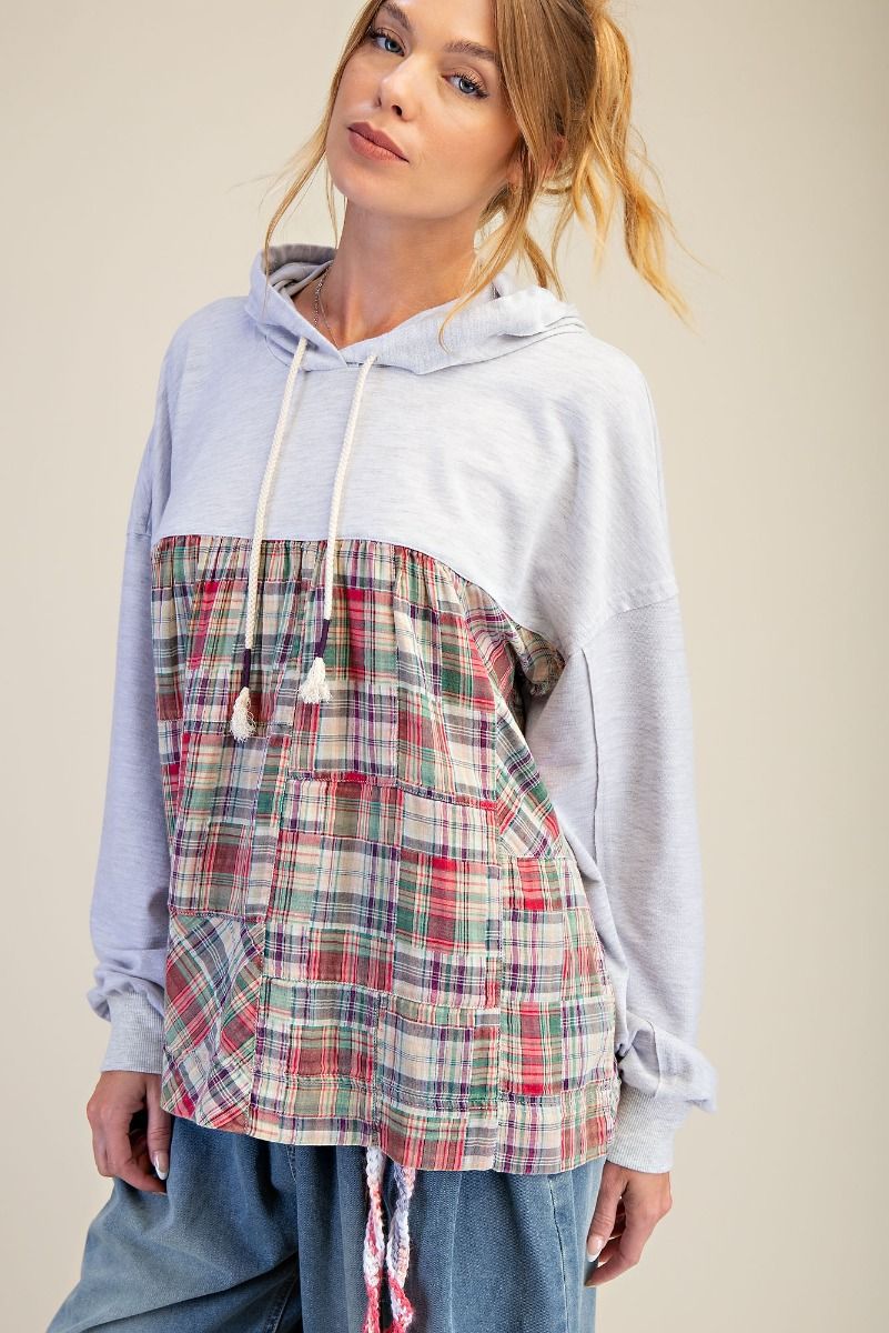 Plaid Mix Washed Terry Pullover Hoodie