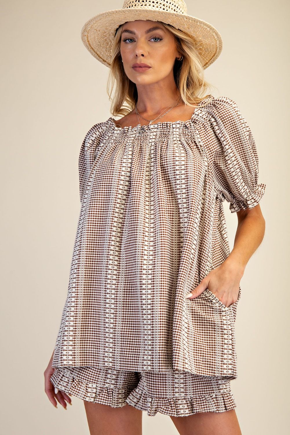 Puff Sleeve Gingham Top