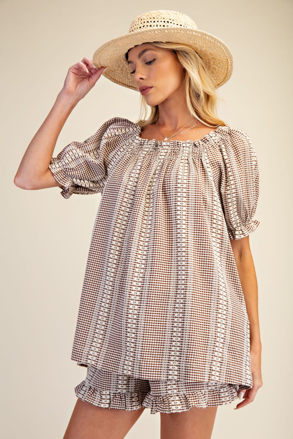 Puff Sleeve Gingham Top