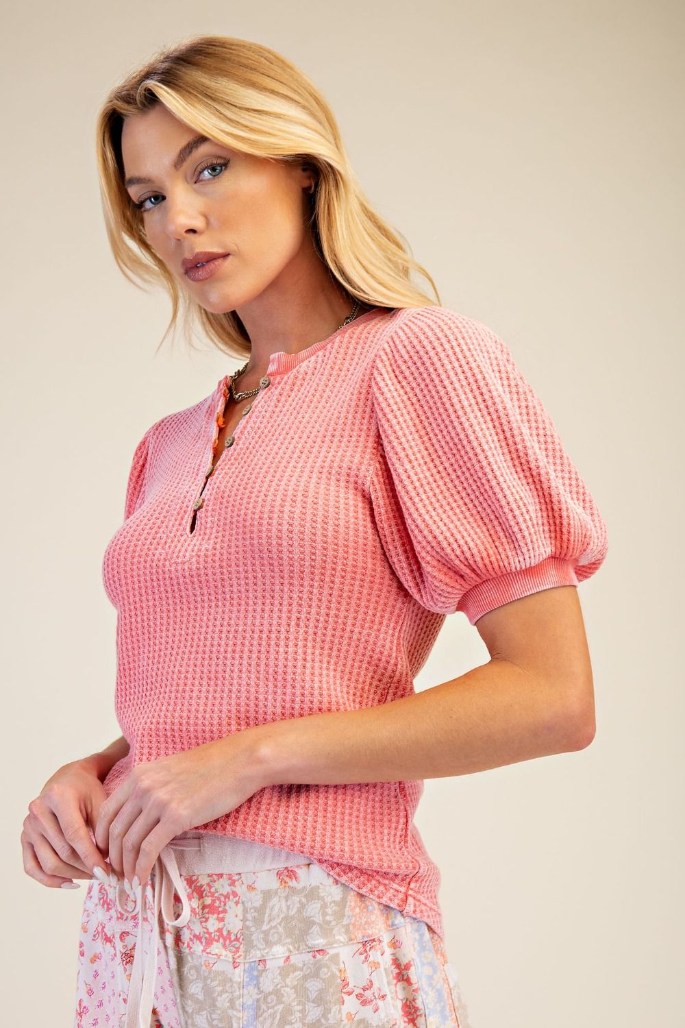Coral Mineral Washed Waffle Knit Top