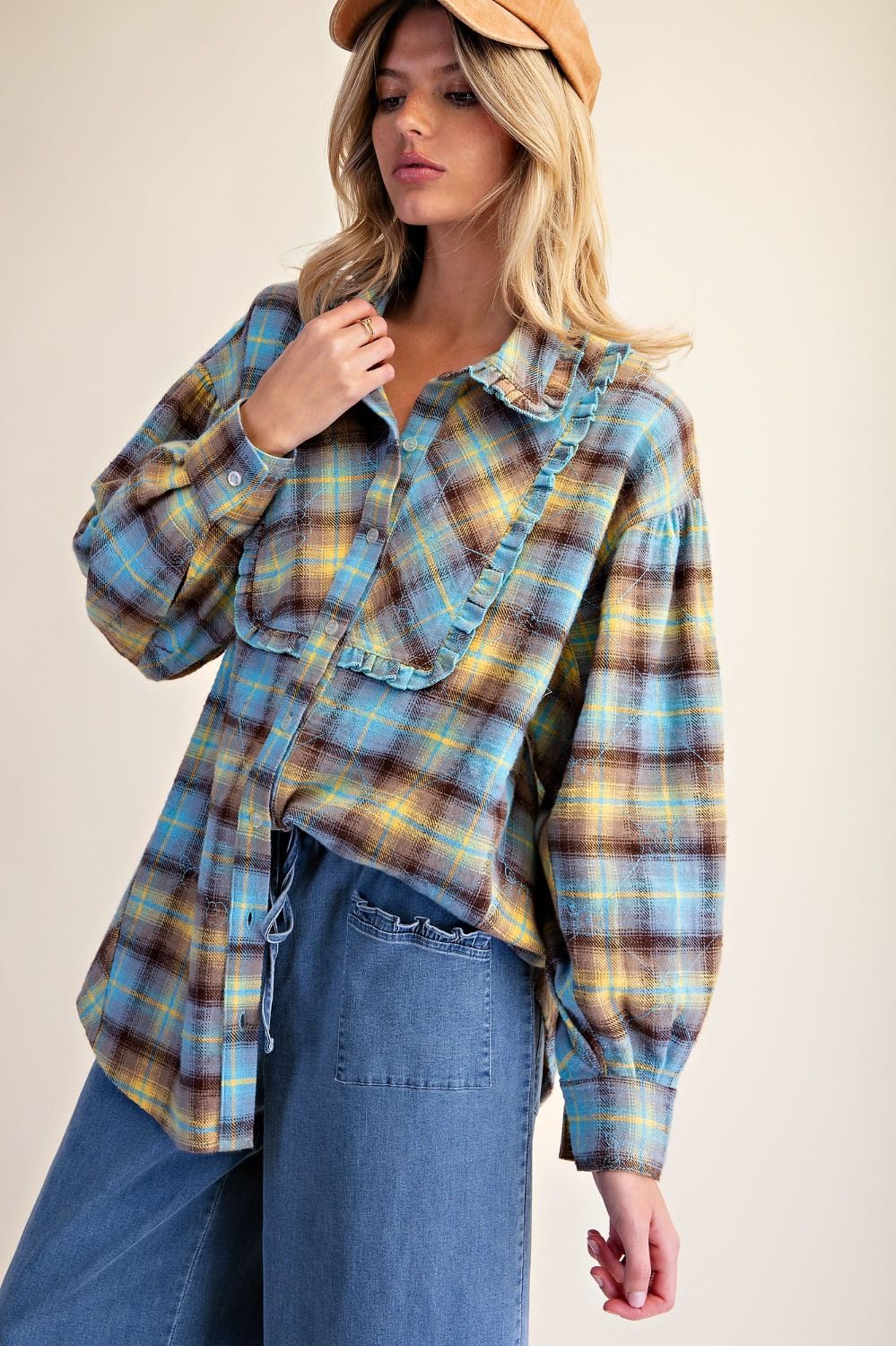 Ruffled Plaid Button Down Shirt