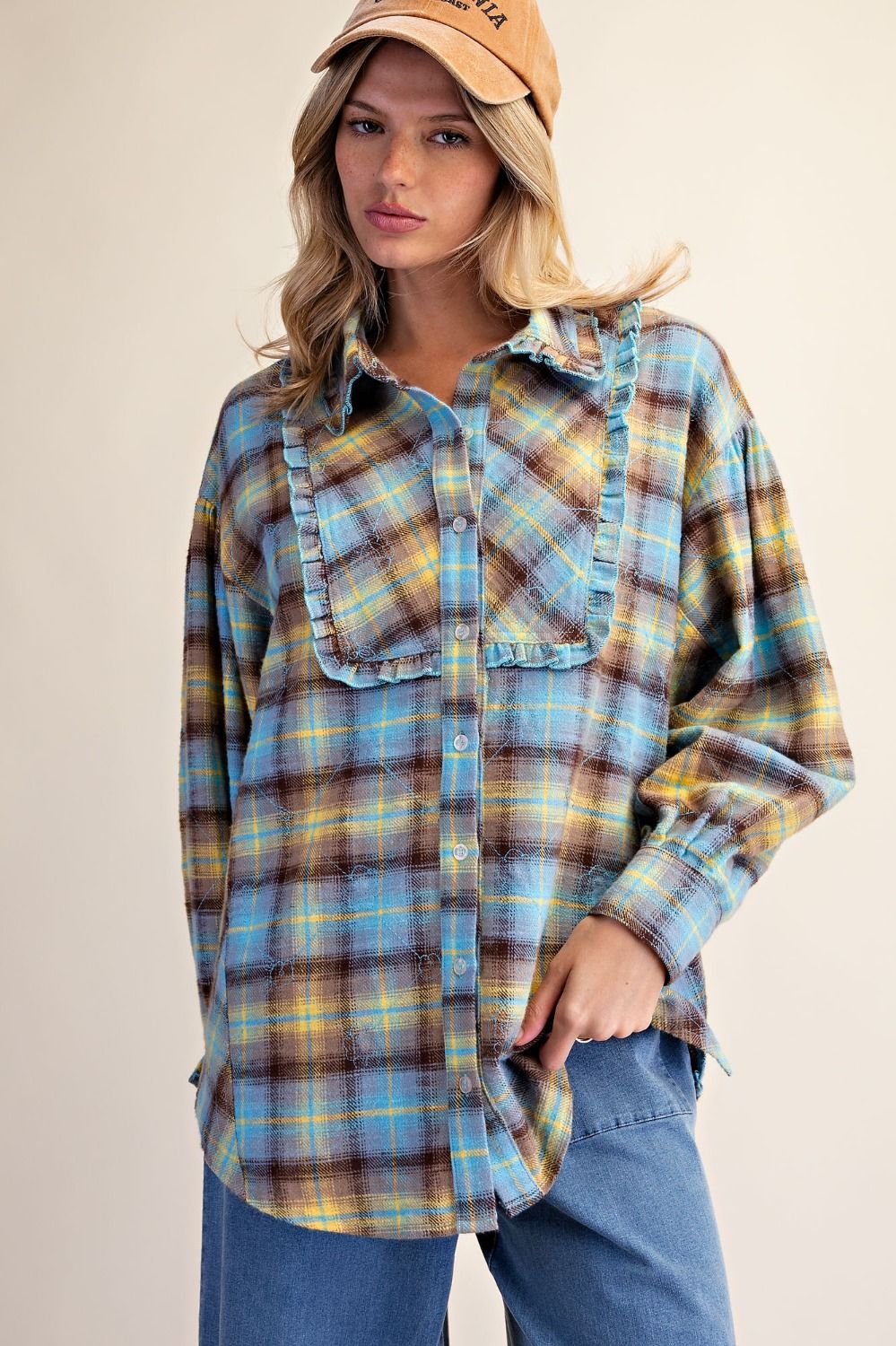 Ruffled Plaid Button Down Shirt