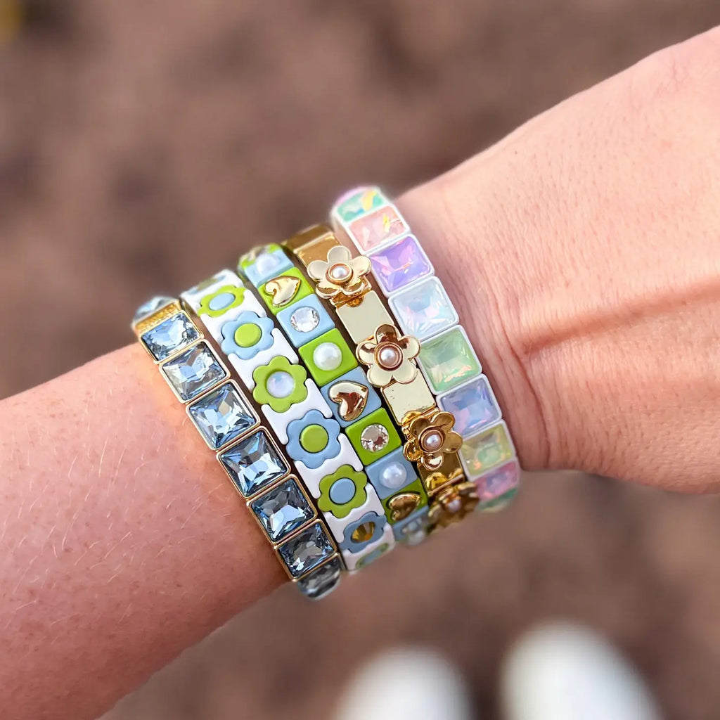Enamel Stretch Bracelet - Flowers - Rainbow w/ Pearls