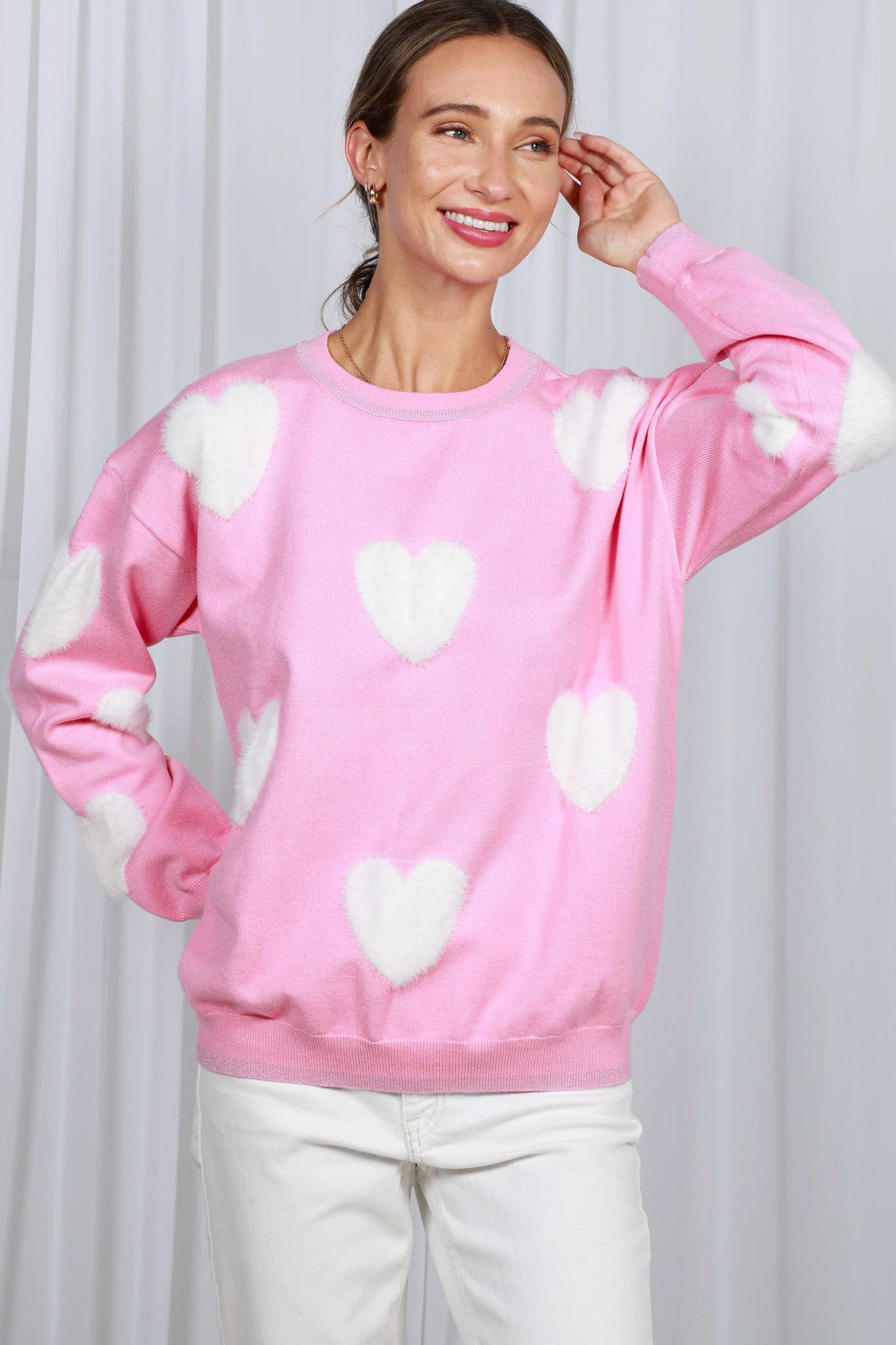 Fuzzy Heart Crew Neck Knitted Sweater