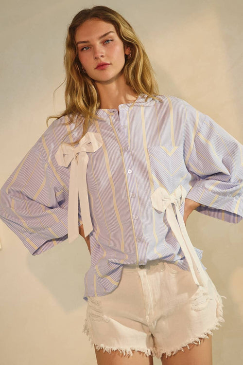 Blue Striped Statement Ribbon Top