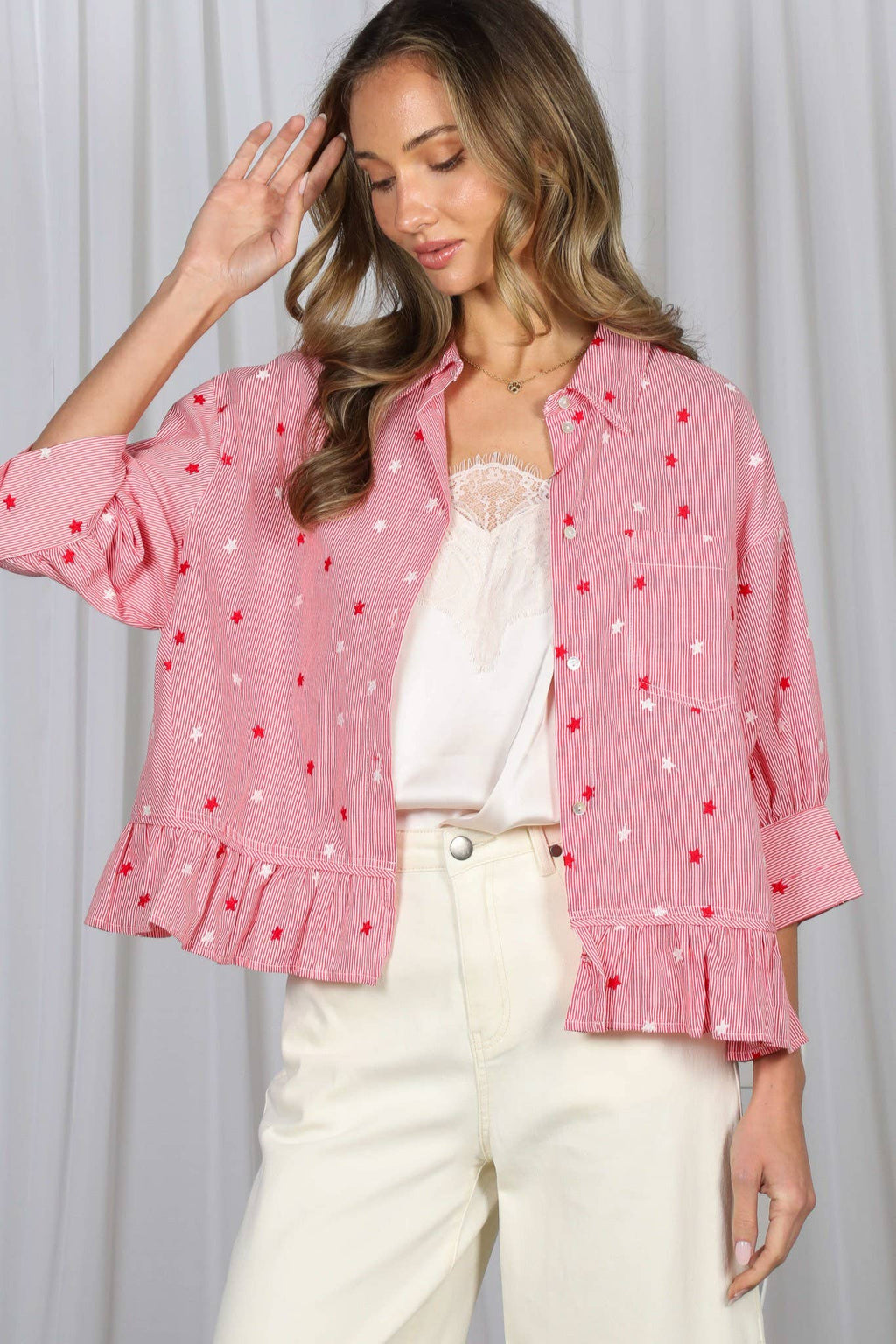 Star Accent Ruffled Hem Striped Shirt