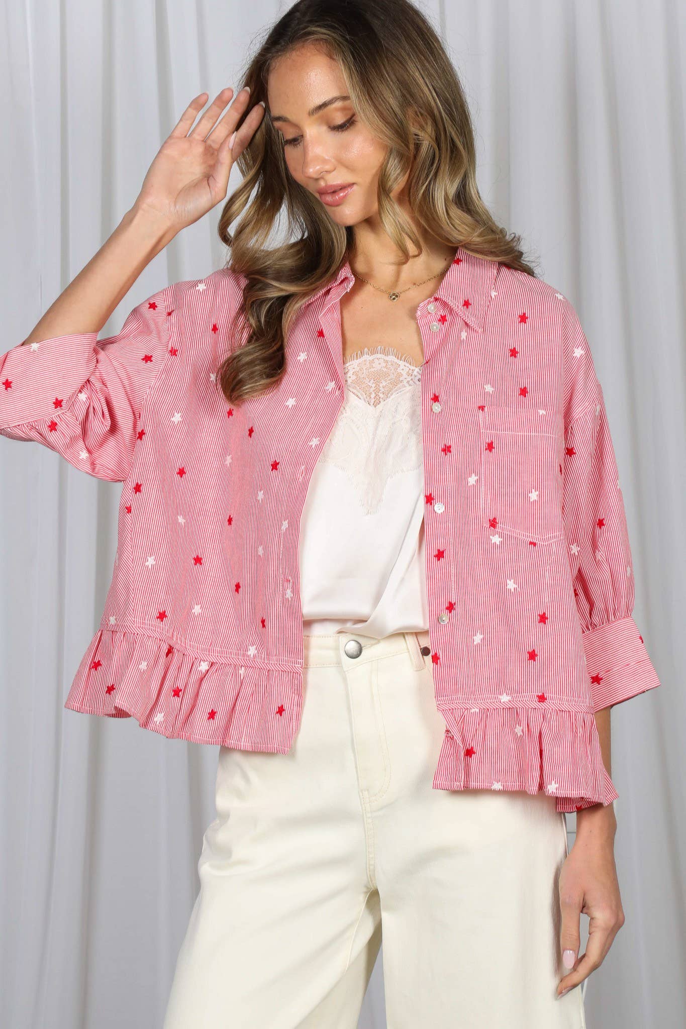 Star Accent Ruffled Hem Striped Shirt