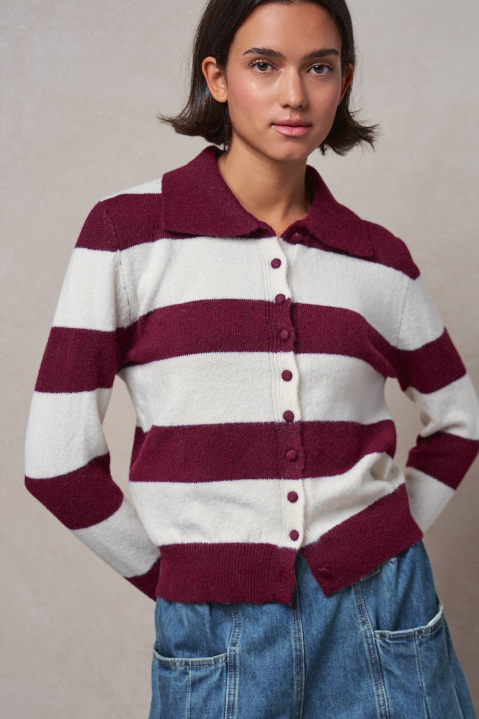 Striped Knit Collared Button Polo Sweater