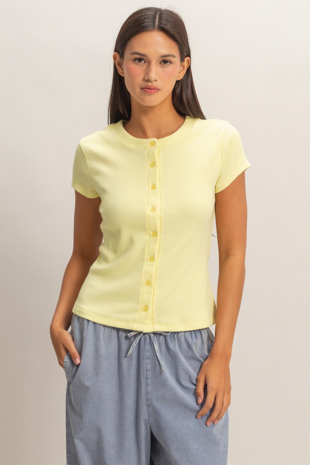 Pale Yellow Ribbed Button-front Top