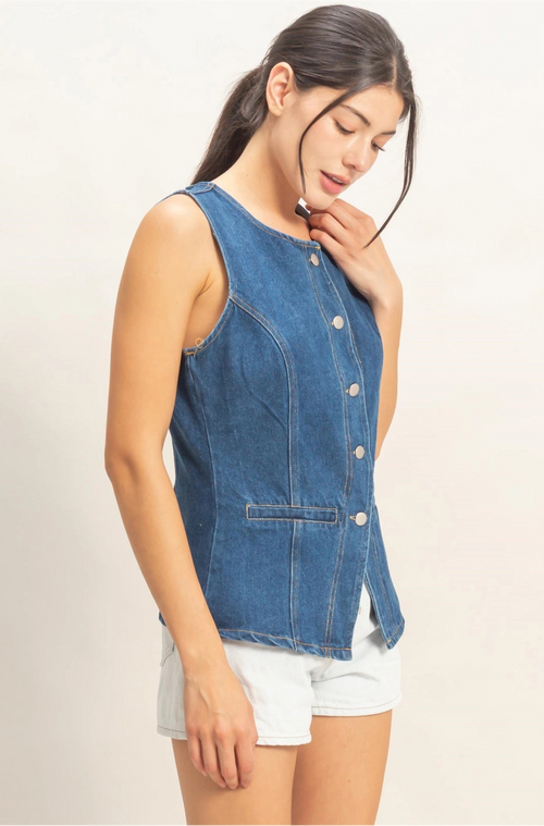 Button-Front Sleeveless Denim Vest