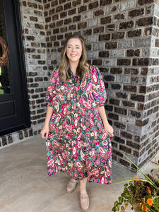 Emerald and Pink Floral Printed Midi Dress