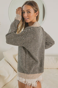 Taupe/Black Flat Collared Sweater Top