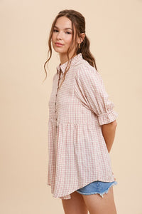 Dusty Pink Smocked Plaid Button Down
