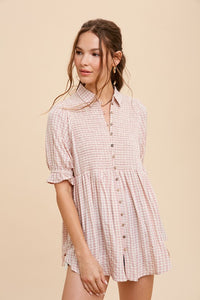 Dusty Pink Smocked Plaid Button Down