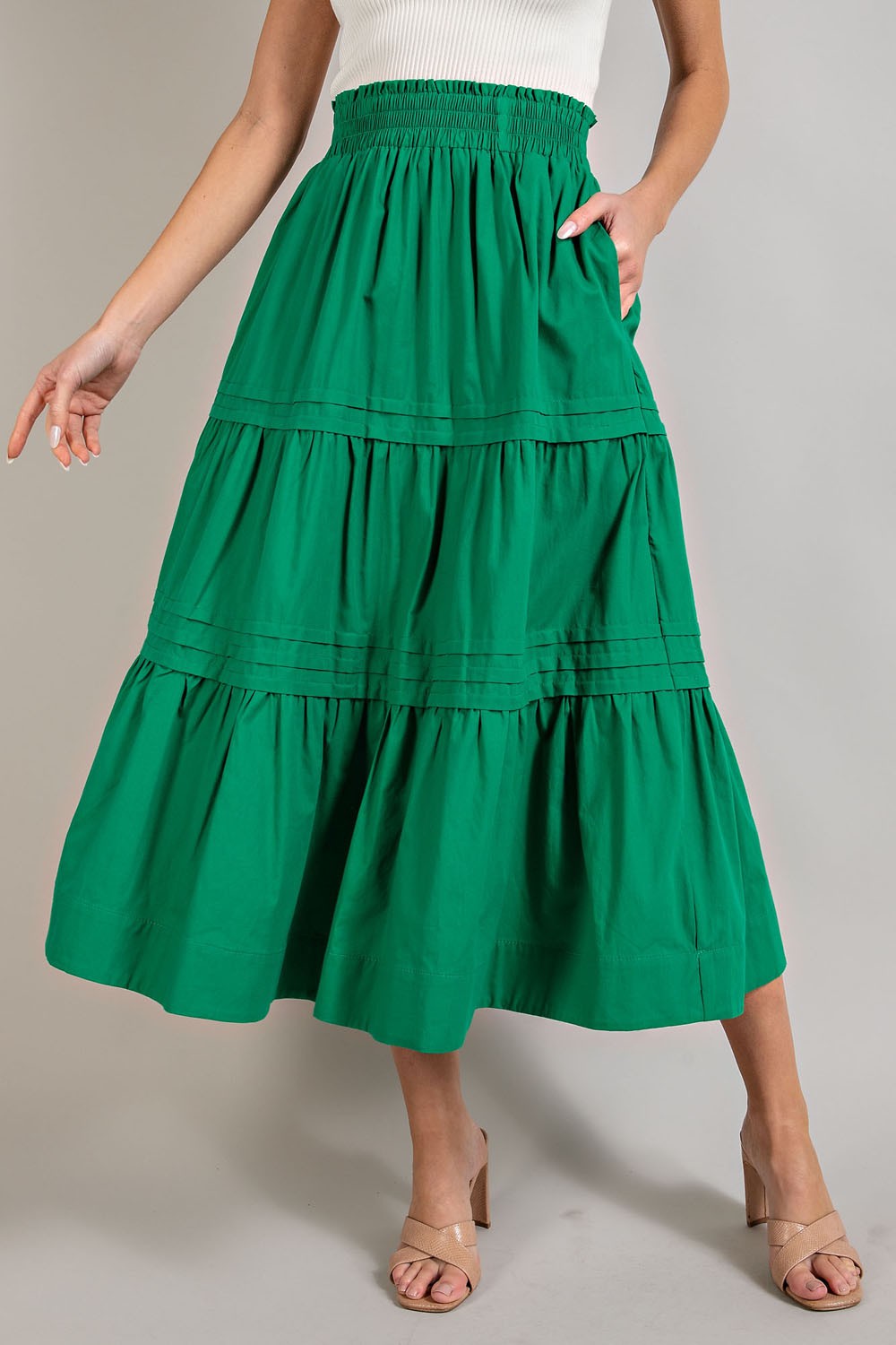 Green tiered cheap maxi skirt