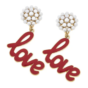 Love Pearl Cluster Enamel Drop Earrings Red