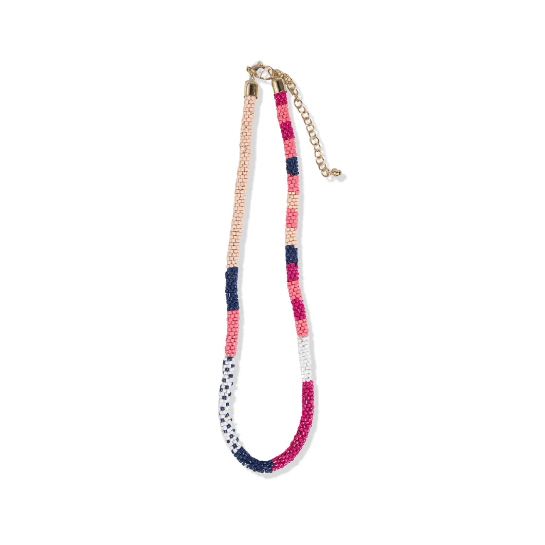 Pink/Navy Crochet Beaded Rope Necklace