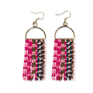 Pink/Navy Checkered Arch Long Fringe Earring