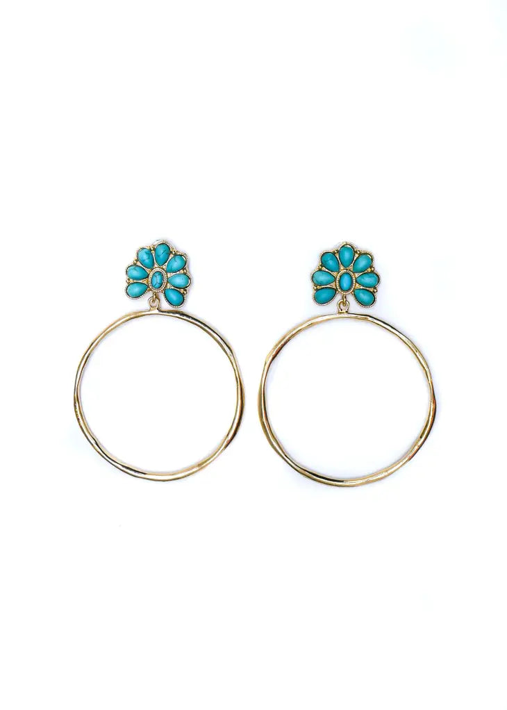 Gold Hammered Hoop Earring Turquoise Flower Post