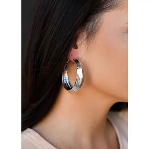 Burnished Silver Tooled Hoop Earring