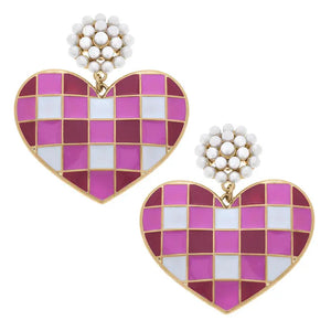 Valentine Gingham Heart Pearl Cluster Earring