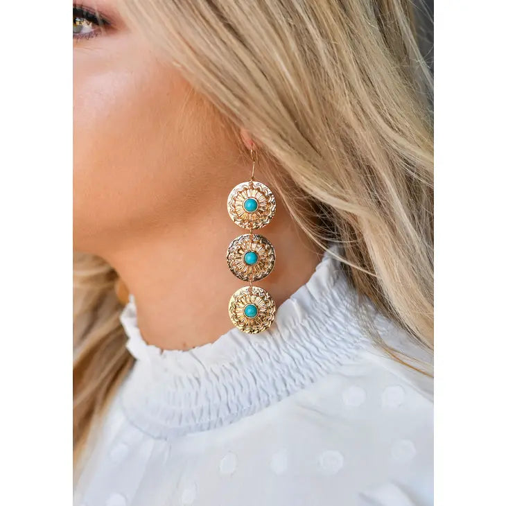Gold and Turquoise 3 Tier Concho Earring