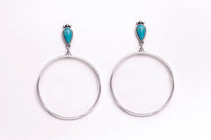 Large Burnished Silver Hoop Earring Turqouise Teardrop Post