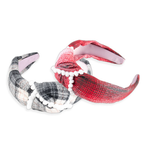 Plaid Pompom Knit Headband Red